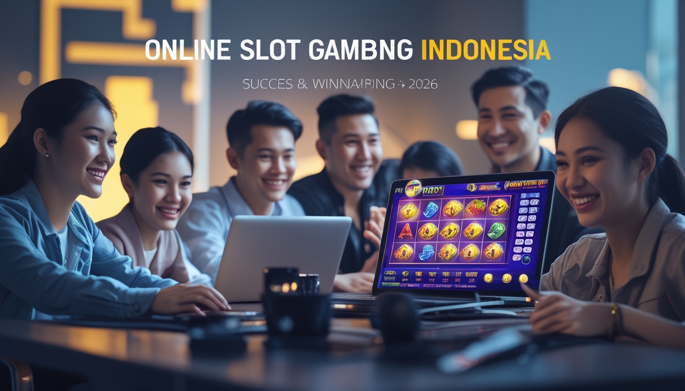 Beberapa orang menggunakan laptop dan ponsel dengan tampilan permainan slot online yang berwarna-warni di sebuah ruangan modern.