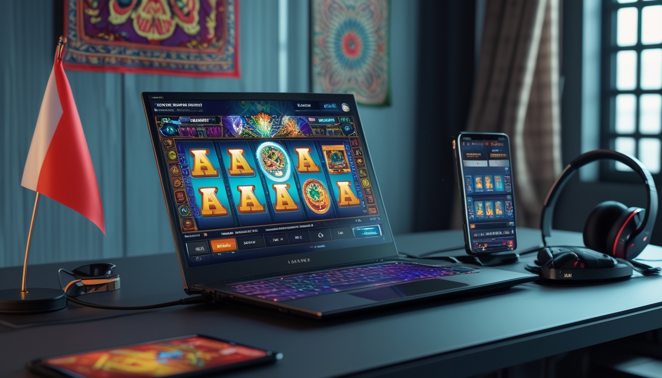 Meja kerja modern dengan laptop yang menampilkan permainan mesin slot online berwarna cerah, bendera kecil Indonesia, dan aksesori permainan di sekitar meja.