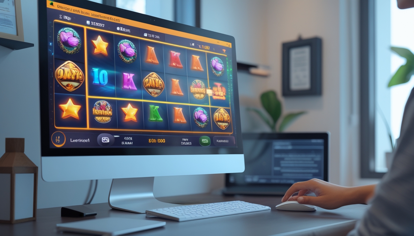 Meja kerja modern dengan komputer yang menampilkan permainan slot online, tangan seseorang sedang menggunakan mouse, suasana profesional dan terpercaya.