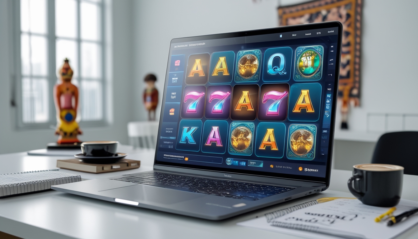 Meja kerja modern dengan laptop menampilkan permainan slot online, buku catatan dengan tips, ponsel, dan dekorasi budaya Indonesia di latar belakang.