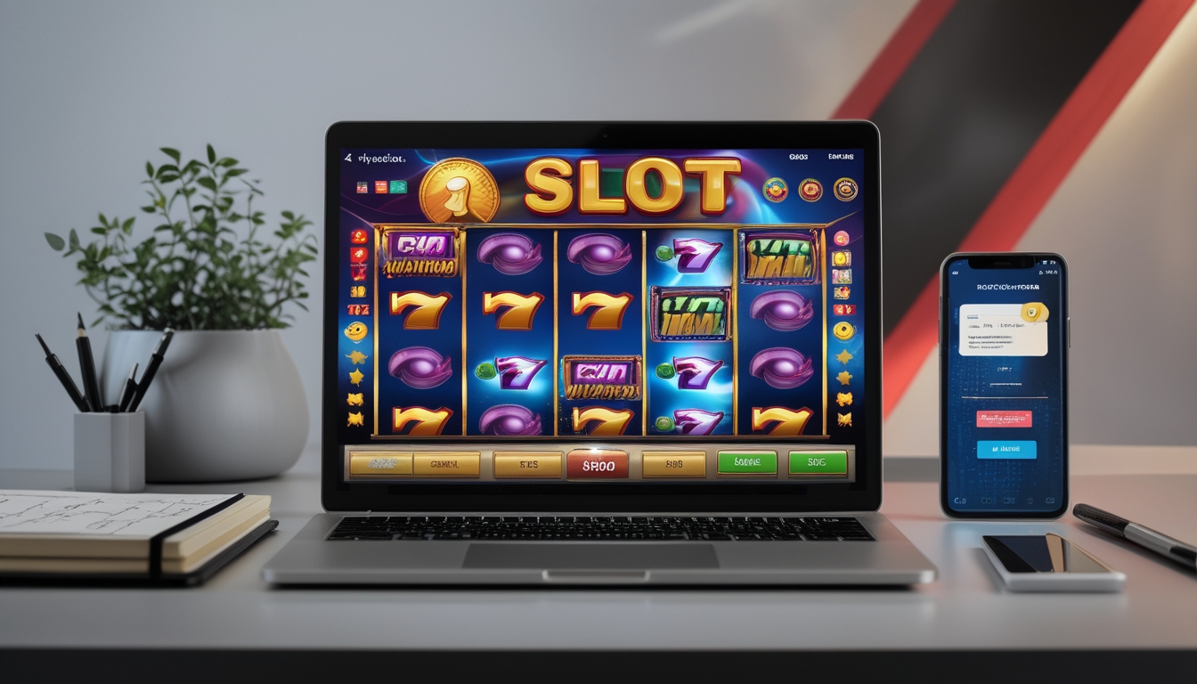 Seorang pengguna sedang bermain mesin slot online di laptop dengan layar menampilkan gulungan warna-warni, dikelilingi oleh buku catatan dan ponsel di meja kerja.