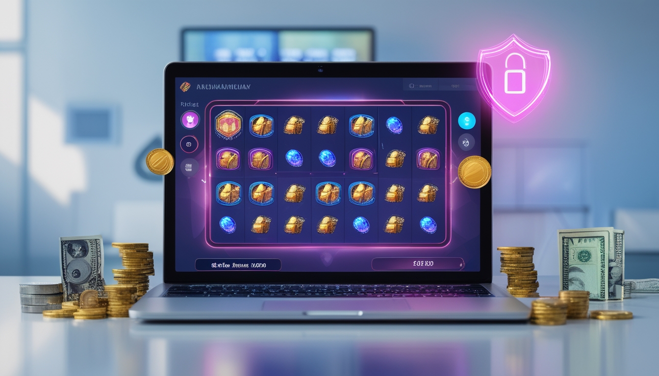 Seorang pengguna di depan laptop yang menampilkan permainan slot online dengan latar belakang simbol keamanan dan koin rupiah.