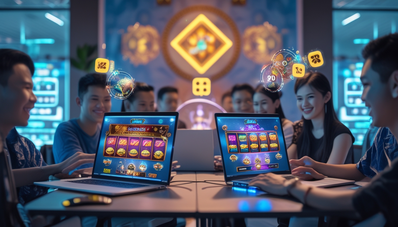 Sekelompok orang muda bermain permainan slot online di ruang modern dengan perangkat digital, menampilkan suasana bermain yang ceria dan penuh semangat.
