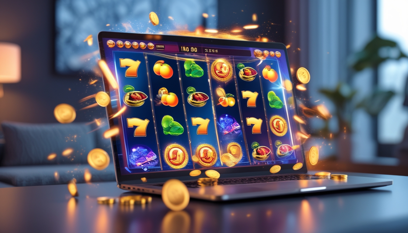 Sebuah komputer menampilkan permainan slot online dengan simbol warna-warni di layar, di dalam ruangan modern yang terang dan nyaman.