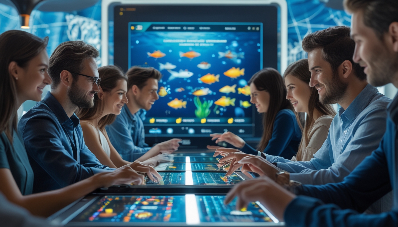 Orang-orang menggunakan perangkat digital dengan tampilan permainan menembak ikan berwarna-warni di layar dalam suasana modern dan terang.