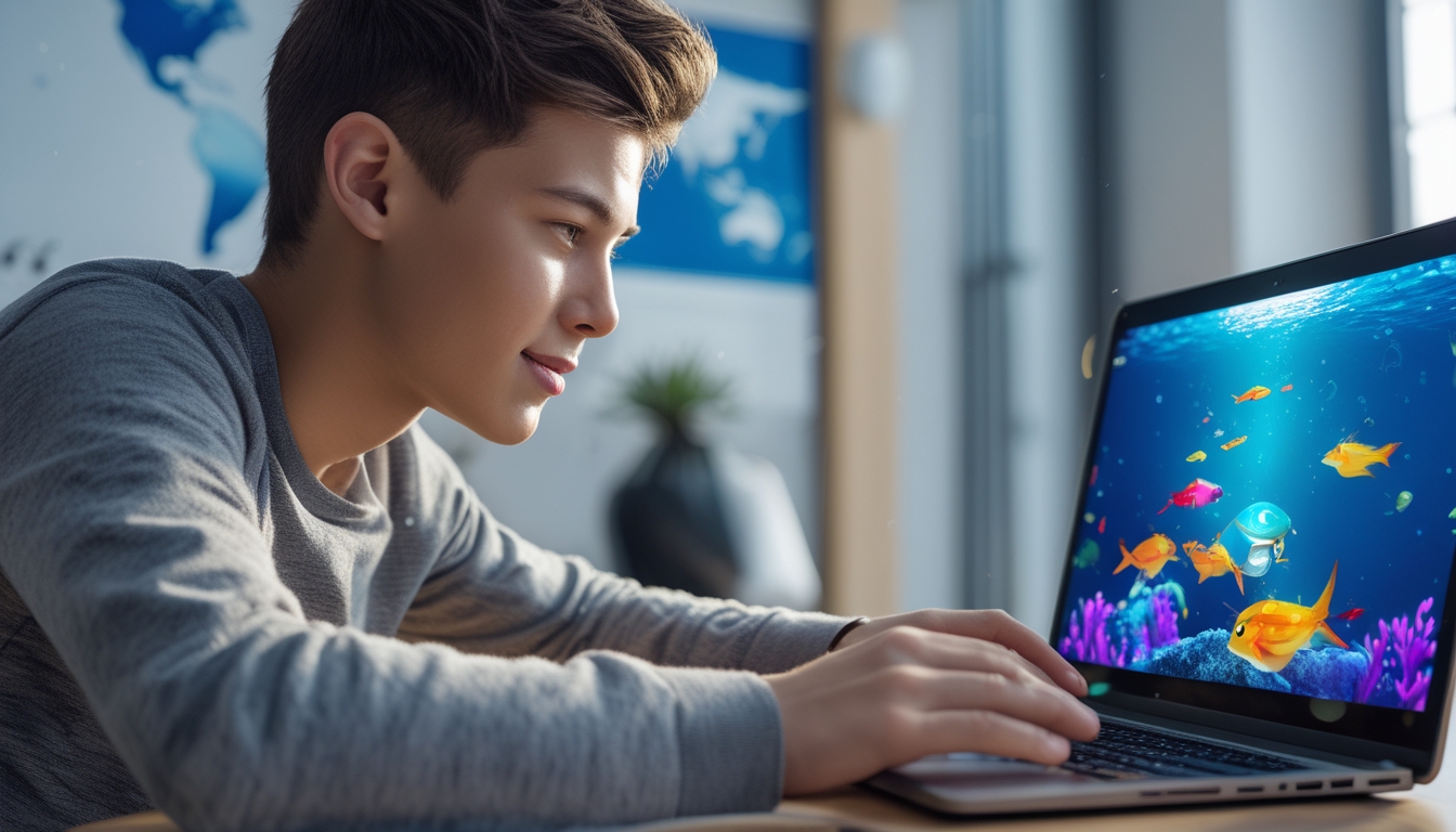 Seorang dewasa muda sedang fokus bermain game tembak ikan di laptop di ruangan modern.