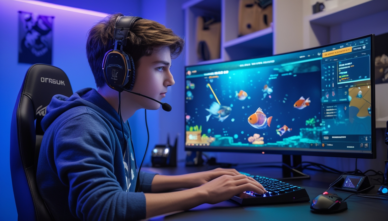 Seorang pria muda sedang fokus bermain permainan tembak ikan di komputer dengan latar ruangan gaming yang modern dan pencahayaan biru ungu.