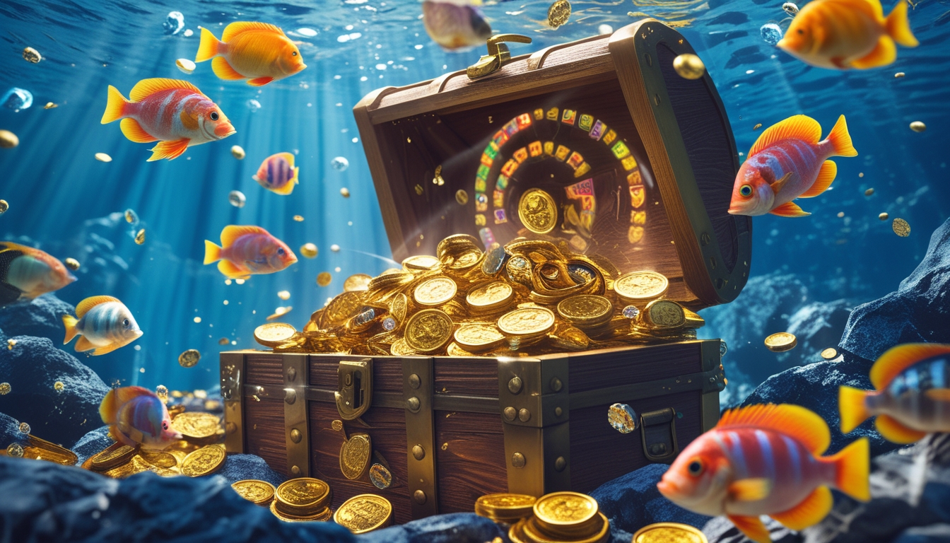 Pemandangan bawah laut dengan ikan warna-warni berenang di sekitar peti harta karun yang penuh dengan koin emas dan permata.