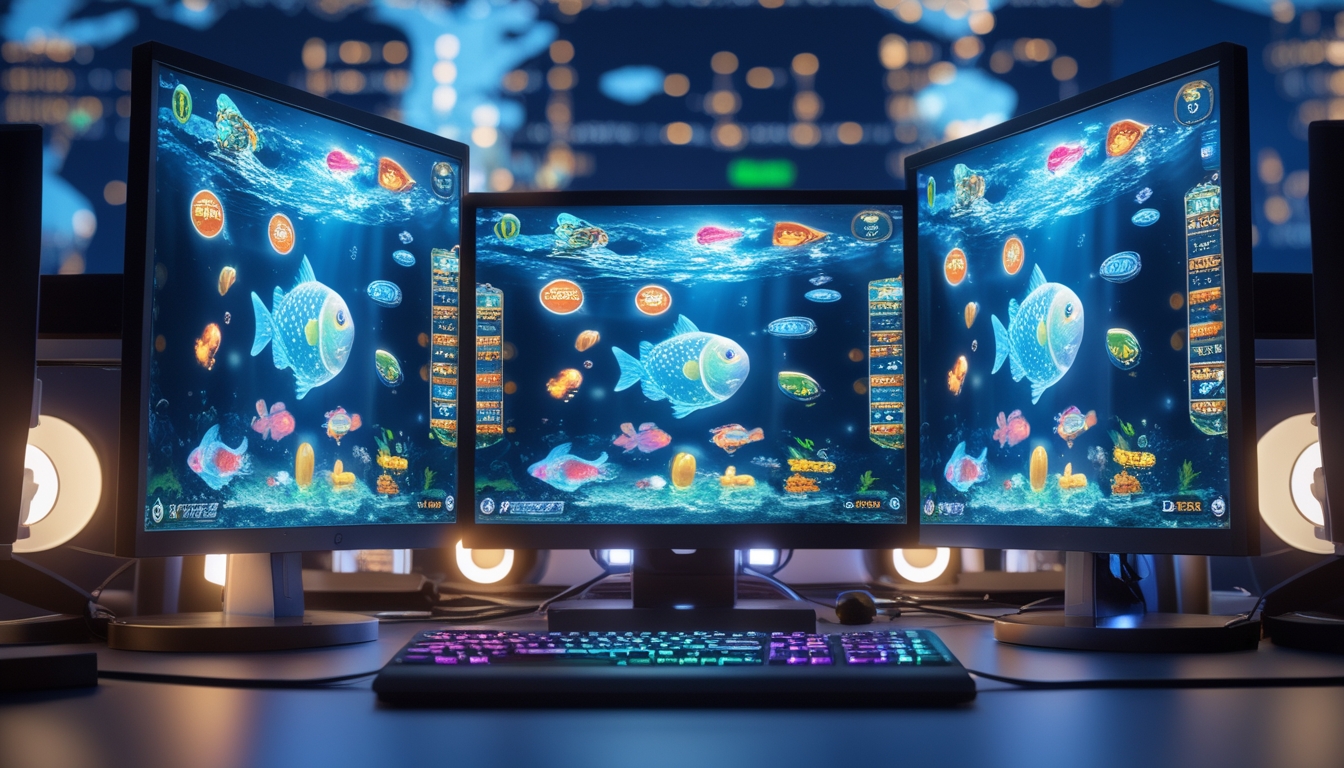 Sebuah setup komputer modern menampilkan layar dengan grafik permainan tembak ikan berwarna-warni dan simbol jackpot, menggambarkan suasana permainan online dengan tema internasional.