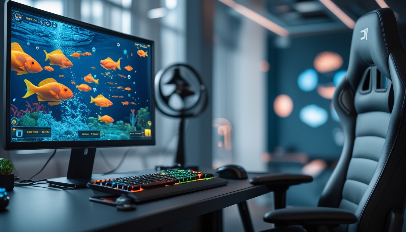 Sebuah meja dengan komputer yang menampilkan permainan tembak ikan berwarna-warni di layar, dikelilingi oleh peralatan gaming di ruangan yang terang dan modern.