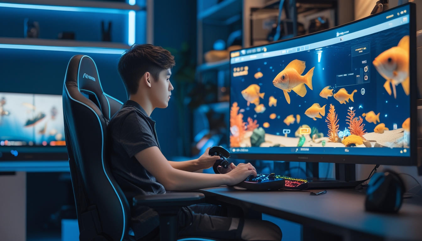 Seorang pria muda sedang bermain game tembak ikan di depan monitor besar dengan grafik ikan berwarna-warni di layar, di sebuah ruangan gaming yang nyaman.