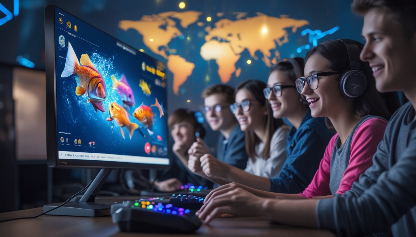 Sekelompok orang muda sedang bermain game tembak ikan di komputer dengan latar belakang peta dunia dan simbol koneksi internet.