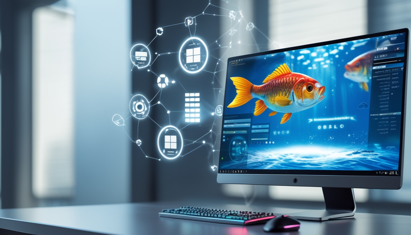 Seorang gamer menggunakan komputer dengan permainan tembak ikan di layar, dikelilingi oleh elemen digital yang menunjukkan koneksi server dan teknologi canggih.