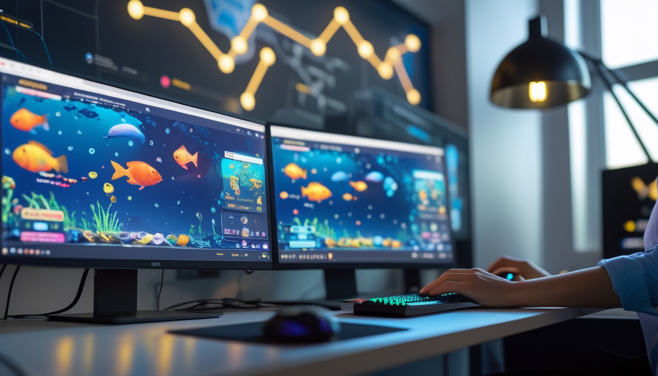 Seseorang sedang bermain game tembak ikan di komputer dengan tampilan grafis ikan berwarna-warni dan latar belakang yang menunjukkan koneksi global.