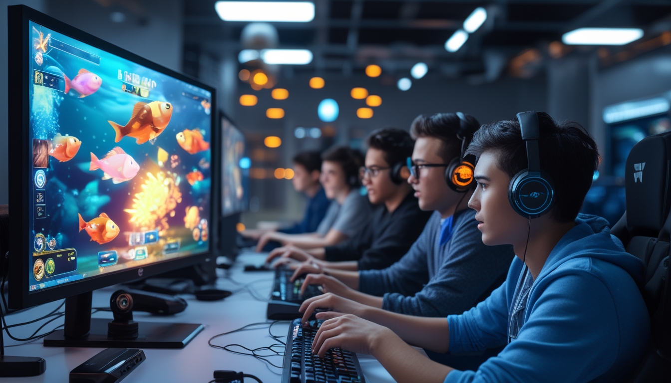 Beberapa orang muda sedang bermain game tembak ikan di komputer dengan latar belakang suasana teknologi modern.
