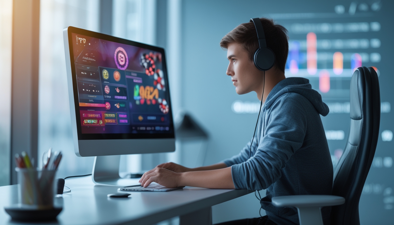 Seorang pemula duduk di depan komputer bermain permainan kasino online dengan suasana modern dan fokus.