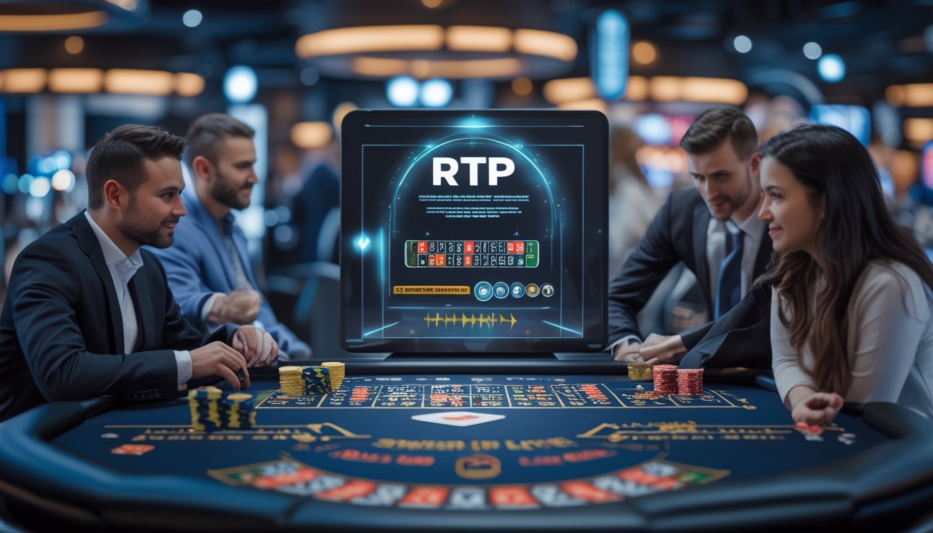 Suasana kasino langsung dengan pemain dan dealer di meja permainan, menampilkan layar digital yang menunjukkan statistik RTP.