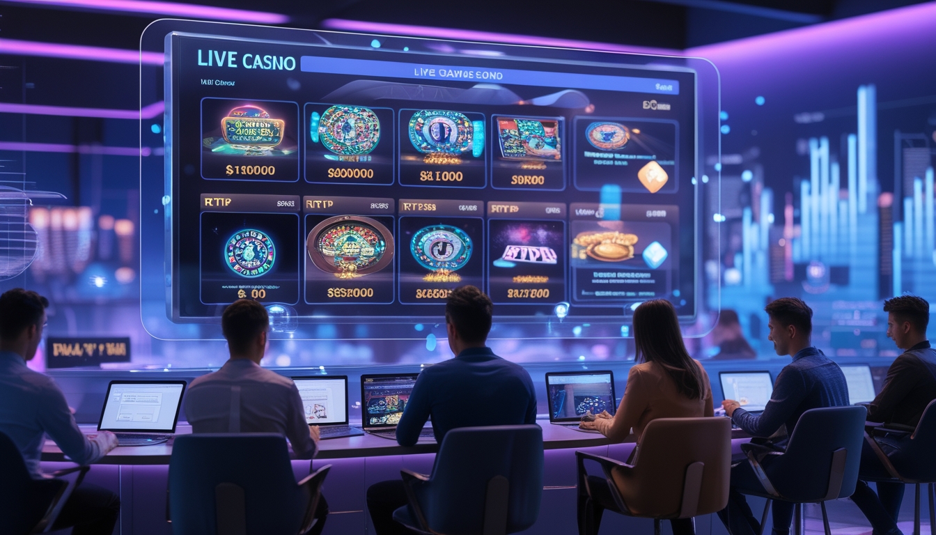 Beberapa orang sedang bermain game kasino online di ruangan dengan layar digital besar dan perangkat elektronik, menampilkan suasana kasino langsung yang modern dan terpercaya.