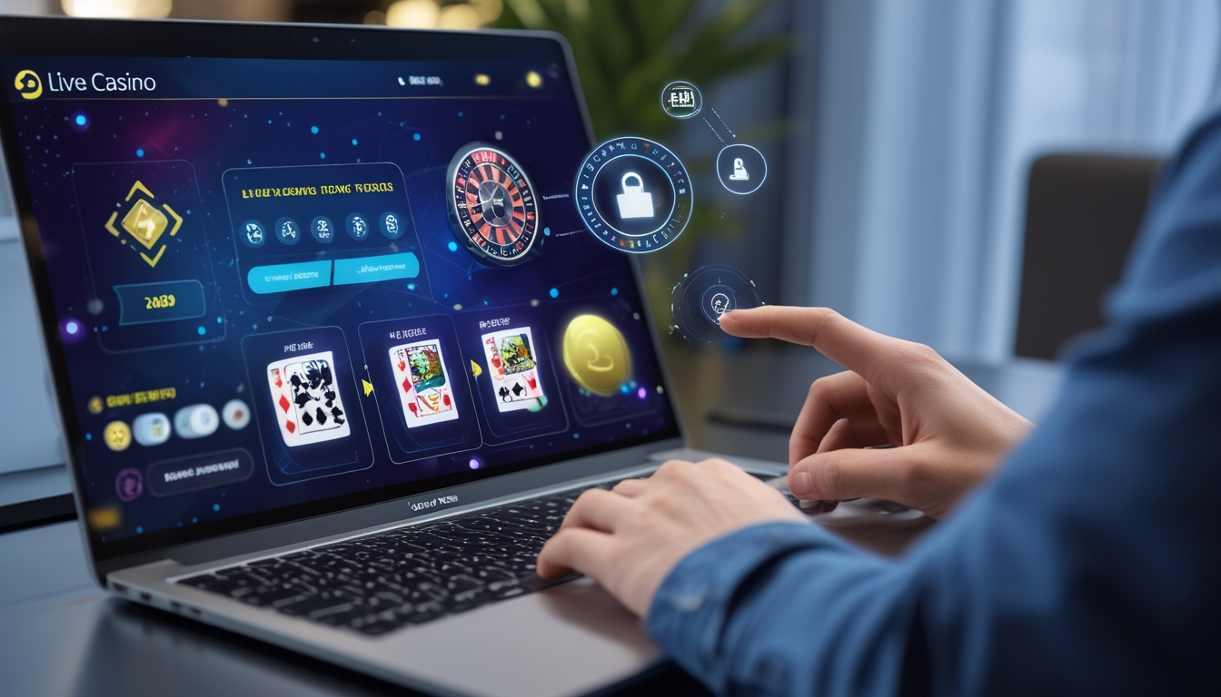Seseorang menggunakan laptop dengan tampilan permainan kasino langsung online yang aman dan mudah untuk melakukan penarikan uang.