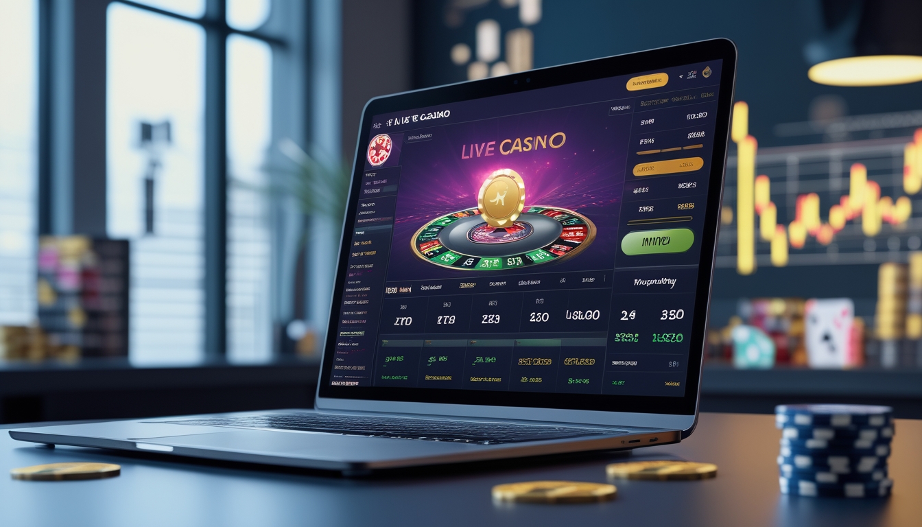 Seorang pengguna sedang melihat permainan kasino langsung di layar komputer di lingkungan kerja modern dengan elemen kasino seperti chip dan kartu di sekitar.