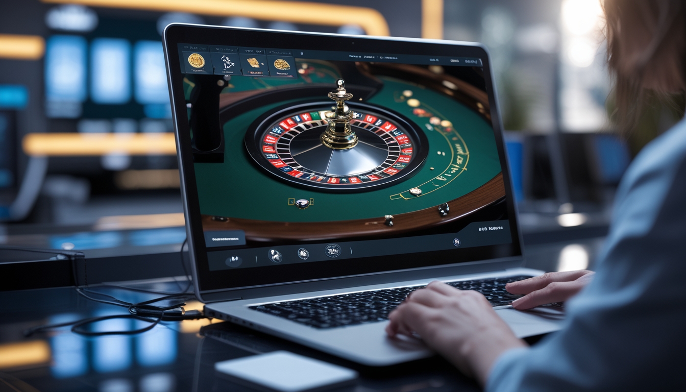 Seorang pemain sedang menggunakan komputer dengan tampilan permainan kasino langsung online yang menampilkan dealer dan elemen permainan seperti kartu dan roda roulette.