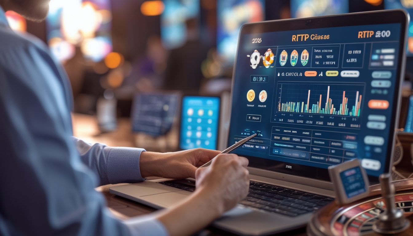 Seseorang sedang menganalisis data RTP pada layar komputer di lingkungan kasino online dengan chip dan kartu bermain di latar belakang.