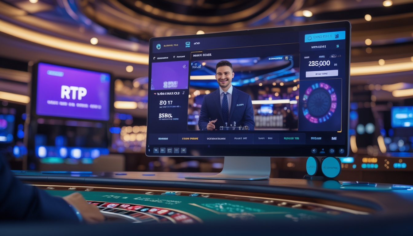 Seorang dealer profesional sedang mengoperasikan permainan kasino langsung secara online dengan latar belakang layar digital dan peralatan kasino.