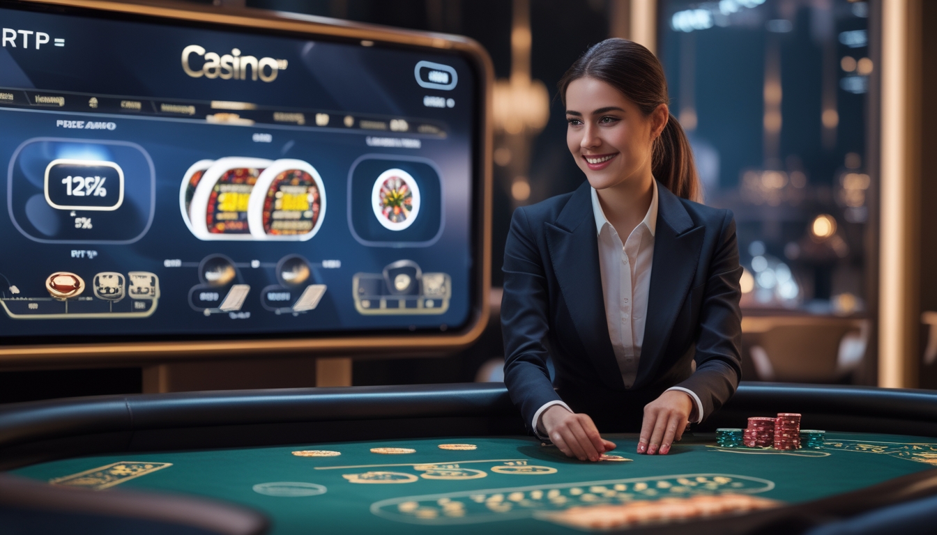 Seorang dealer profesional tersenyum di depan layar besar yang menampilkan permainan kasino langsung dengan antarmuka digital modern.