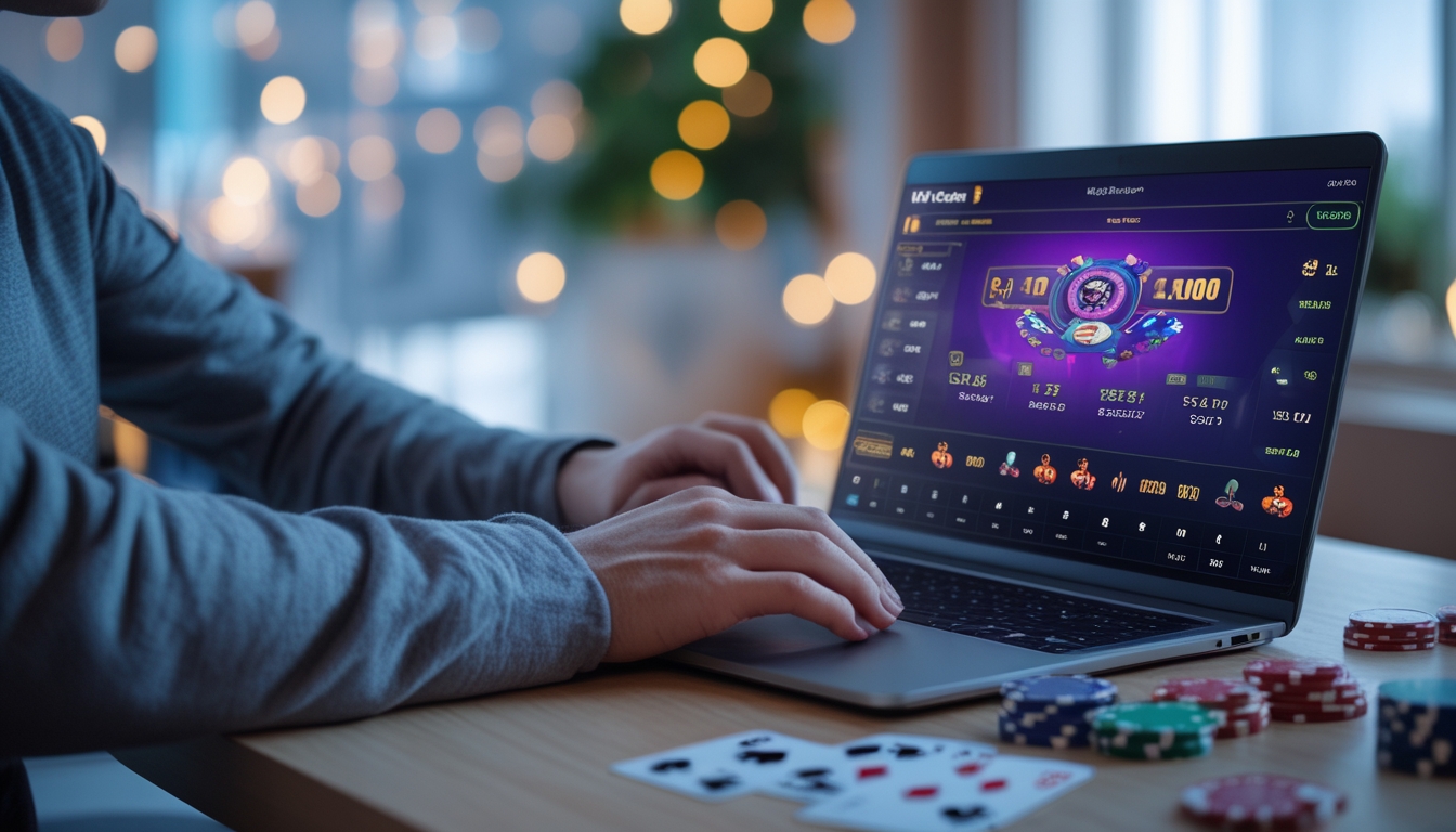 Seseorang sedang bermain permainan kasino langsung secara online di laptop di ruangan yang nyaman dengan chip poker dan kartu bermain di sekitar.