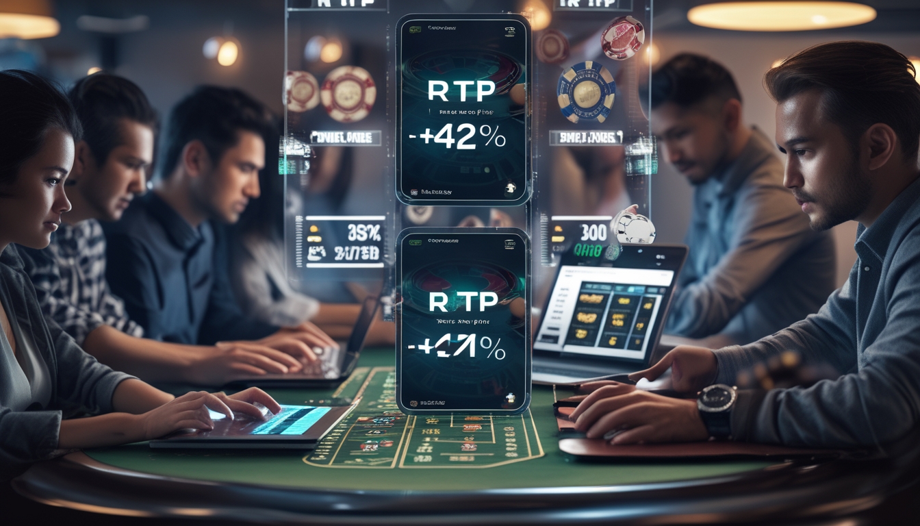 Beberapa orang bermain permainan kasino langsung secara online menggunakan perangkat digital di lingkungan kasino modern dengan tampilan statistik permainan dan RTP.