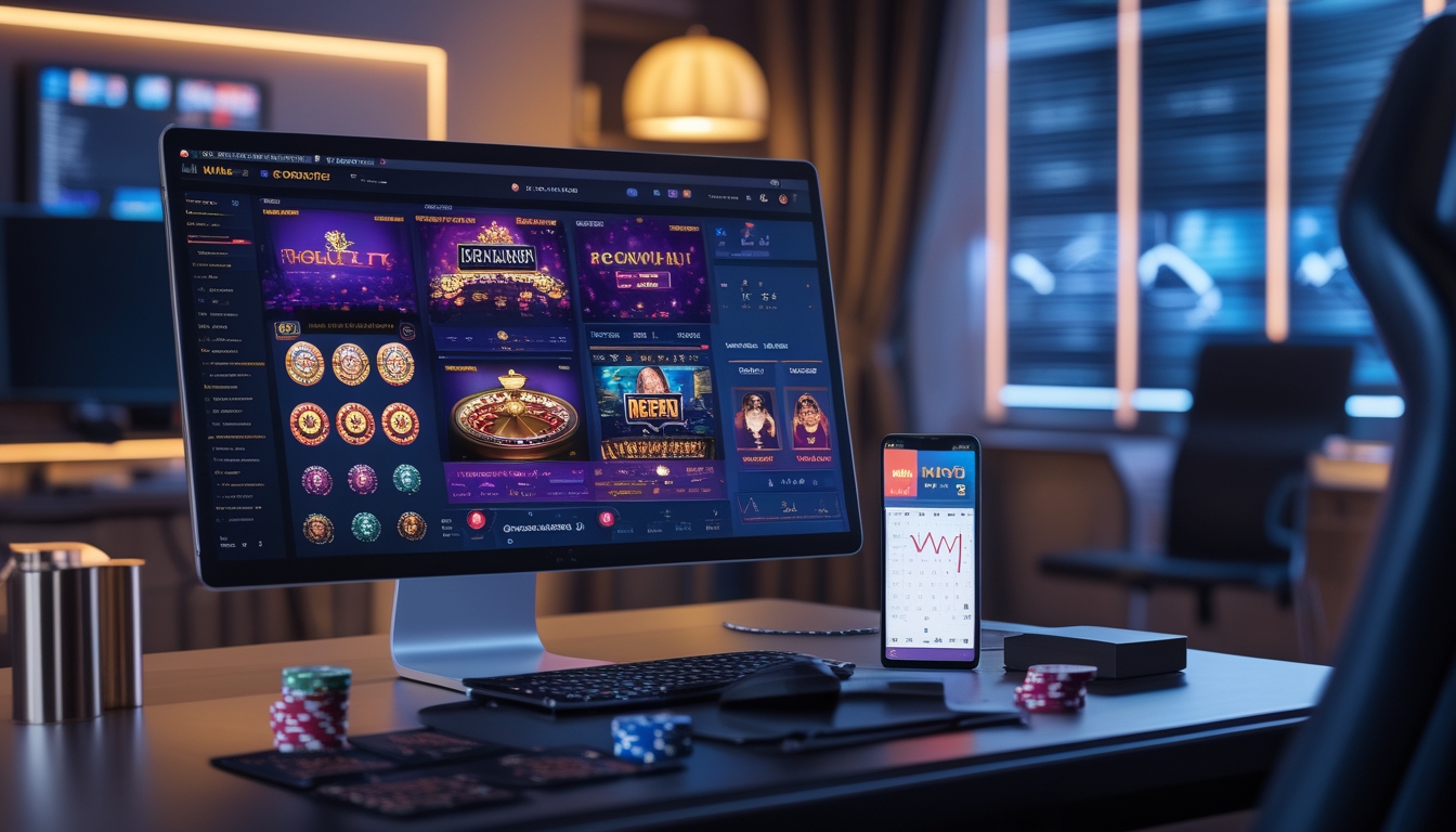 Sebuah ruangan modern dengan komputer yang menampilkan permainan kasino langsung online dan peralatan kasino di meja.