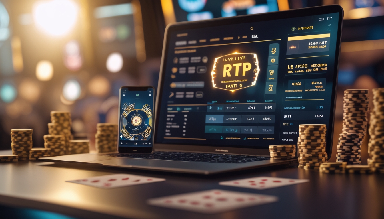 Seorang pengguna sedang melihat layar komputer yang menampilkan permainan kasino langsung dengan statistik RTP dan elemen judi seperti chip dan kartu di sekitar meja.