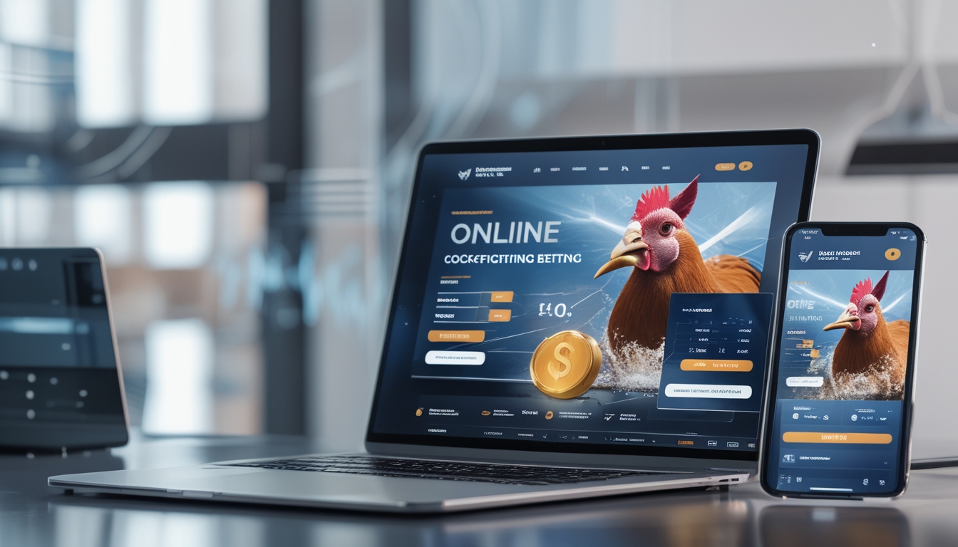 Meja kerja modern dengan laptop dan ponsel yang menampilkan antarmuka situs taruhan sabung ayam online.