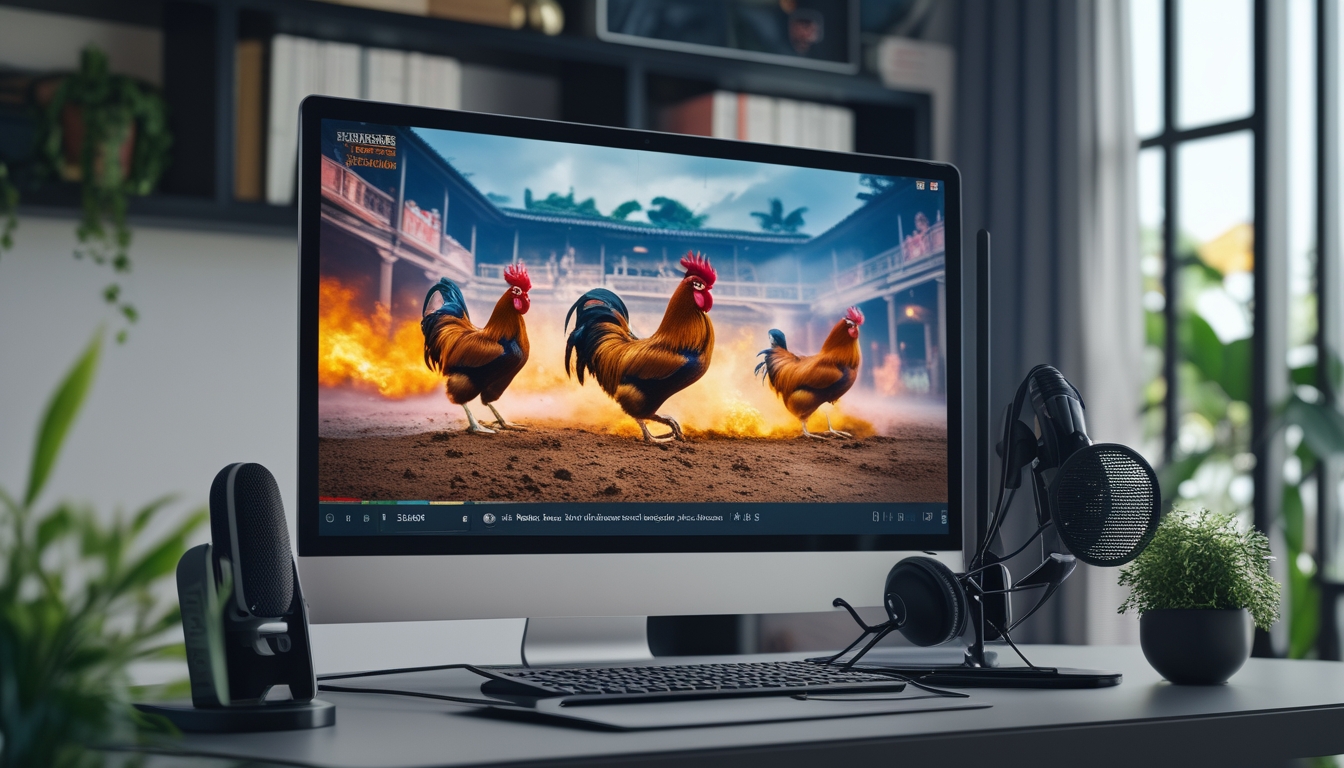 Sebuah ruang kerja modern dengan komputer yang menampilkan siaran langsung pertarungan ayam jago.