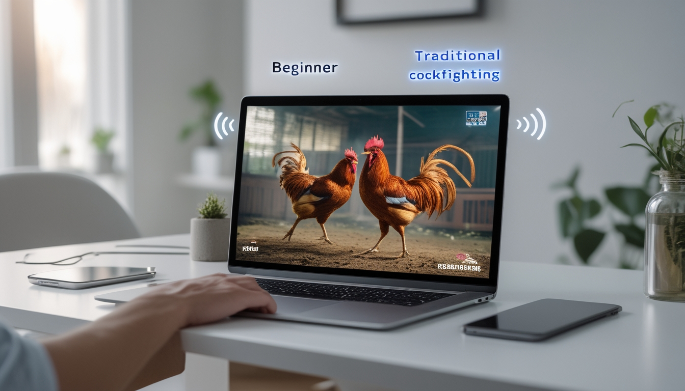 Seorang pemula menonton pertandingan sabung ayam di laptop di ruang kerja yang nyaman dengan pencahayaan alami.