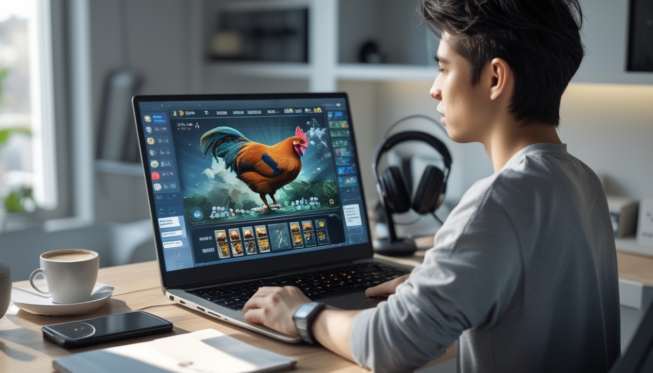 Seorang pemuda sedang menggunakan laptop di meja kerja dengan suasana ruangan yang terang dan rapi, fokus pada permainan online sabung ayam.