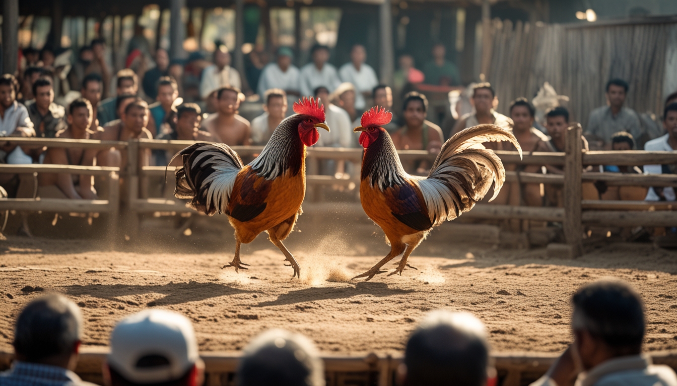 Dua ayam jago sedang bertarung di arena dengan penonton yang fokus menyaksikan di sekelilingnya.
