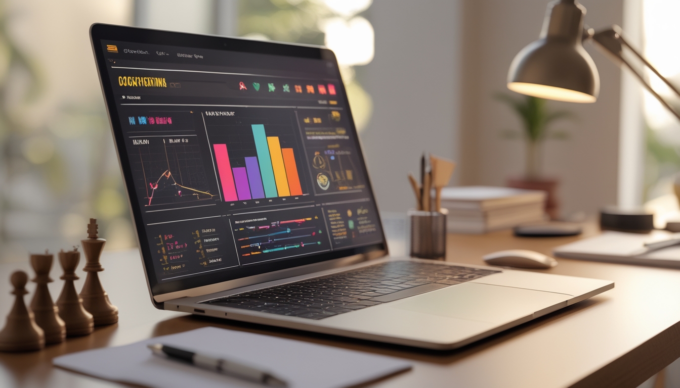 Seorang pengguna sedang melihat layar komputer dengan grafik dan elemen strategi di meja kerja.
