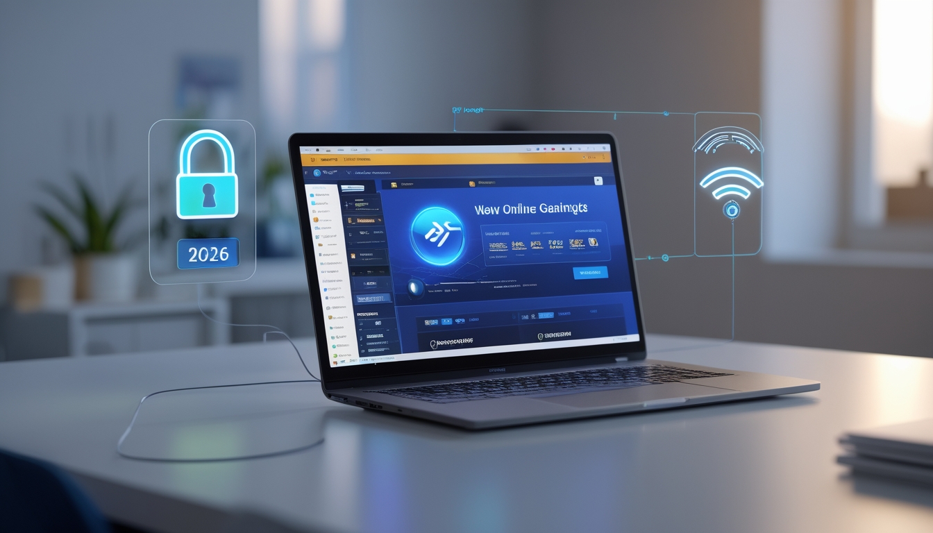 Meja kerja modern dengan laptop yang menampilkan antarmuka situs web, dikelilingi ikon keamanan dan koneksi jaringan, dengan pencahayaan hangat.