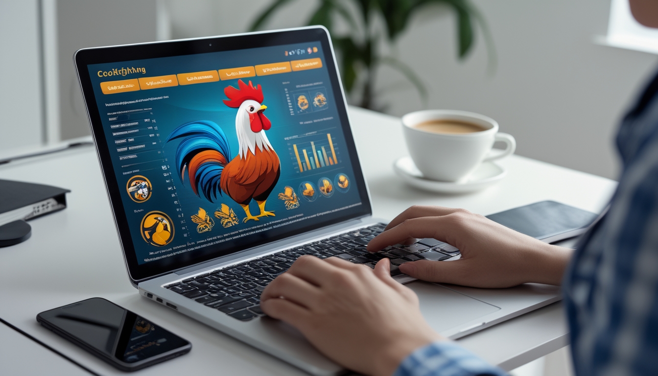 Seseorang menggunakan laptop di meja kerja dengan layar menampilkan gambar terkait sabung ayam online, di sekitar terdapat smartphone dan cangkir kopi.