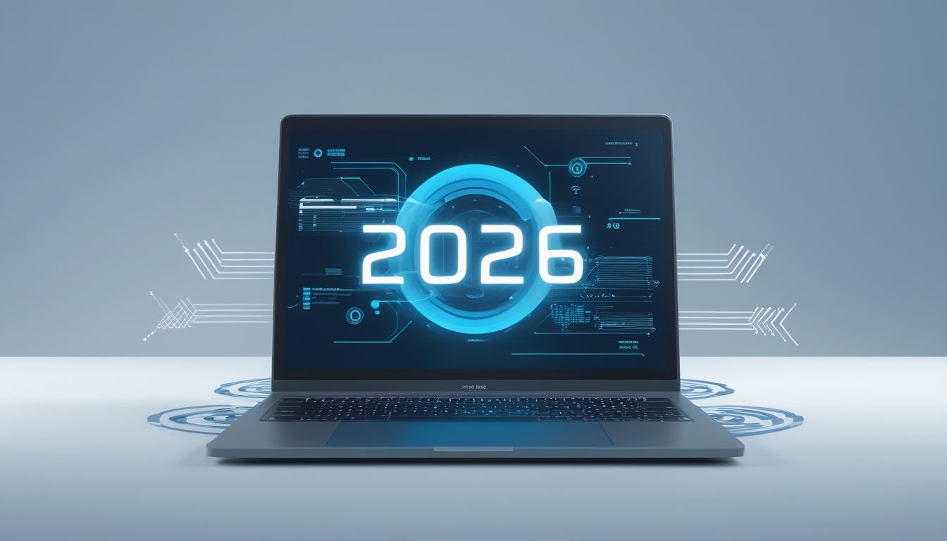 Sebuah laptop modern dengan layar menampilkan antarmuka digital futuristik, dikelilingi elemen abstrak yang melambangkan aliran data dan sinyal jaringan.