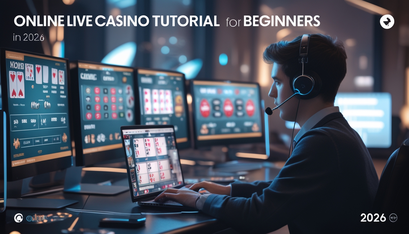Seorang pemula sedang mengikuti tutorial kasino langsung online di depan komputer dengan beberapa layar yang menampilkan permainan kasino.