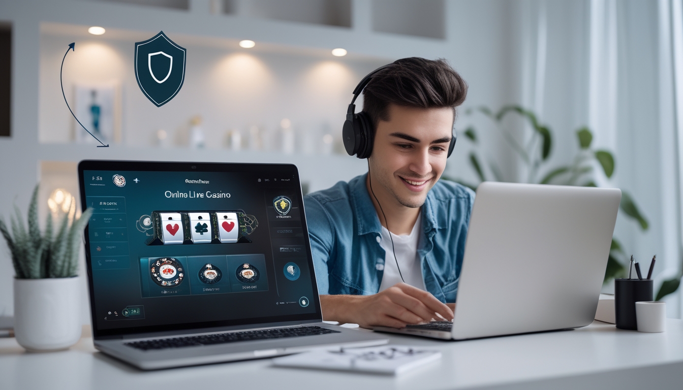 Seseorang sedang belajar bermain live casino online di depan laptop dengan suasana ruangan yang nyaman dan terang.