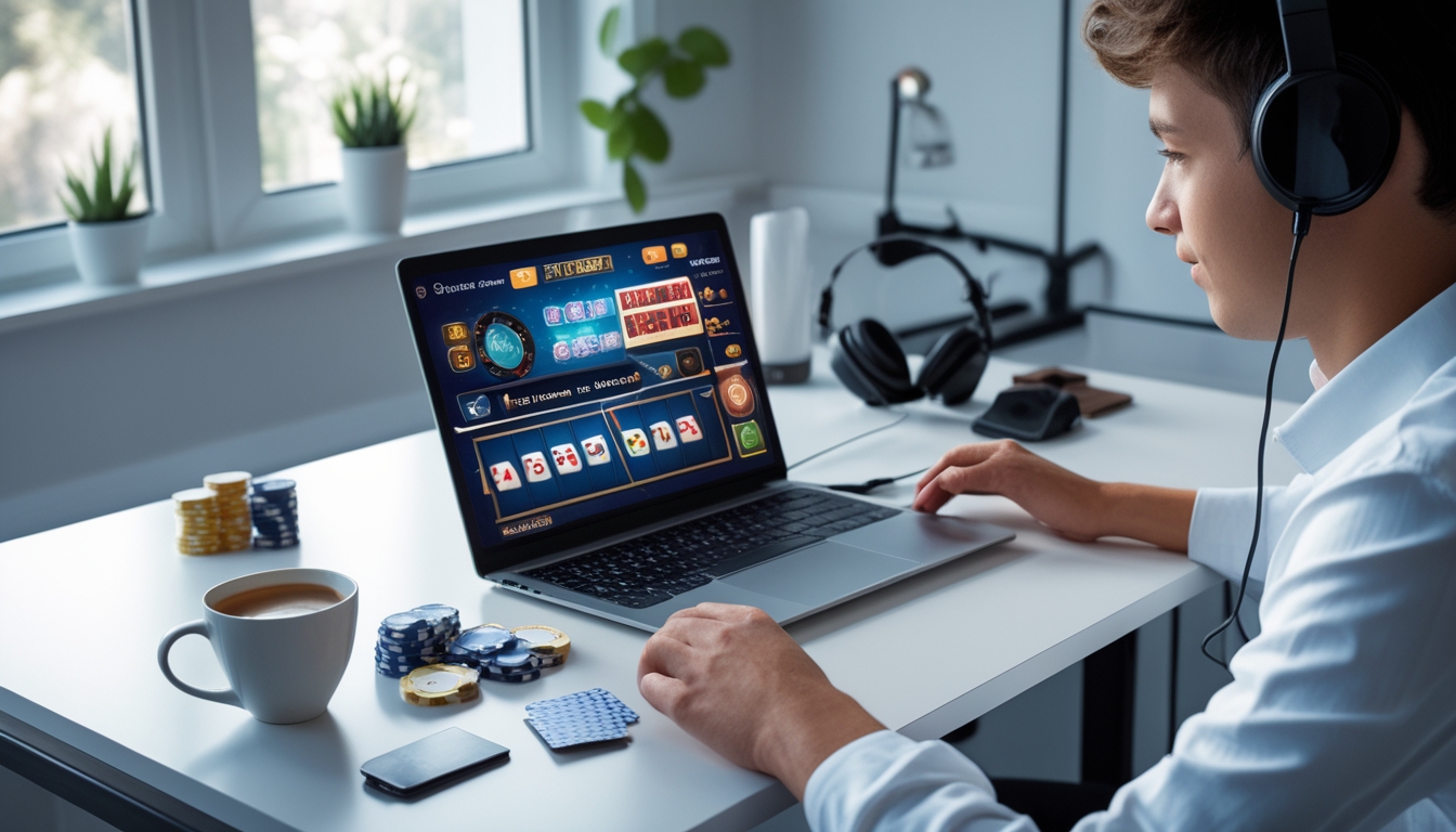 Seseorang duduk di meja kerja dengan laptop yang menampilkan permainan kasino langsung online, terlihat fokus dan santai.