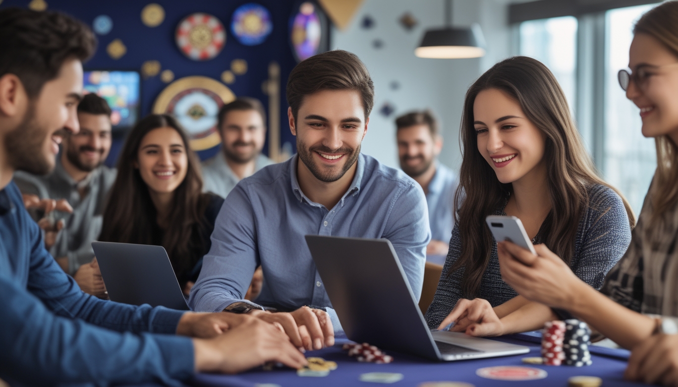 Beberapa orang muda bermain permainan kasino langsung secara online dengan perangkat laptop dan ponsel di ruangan yang nyaman.