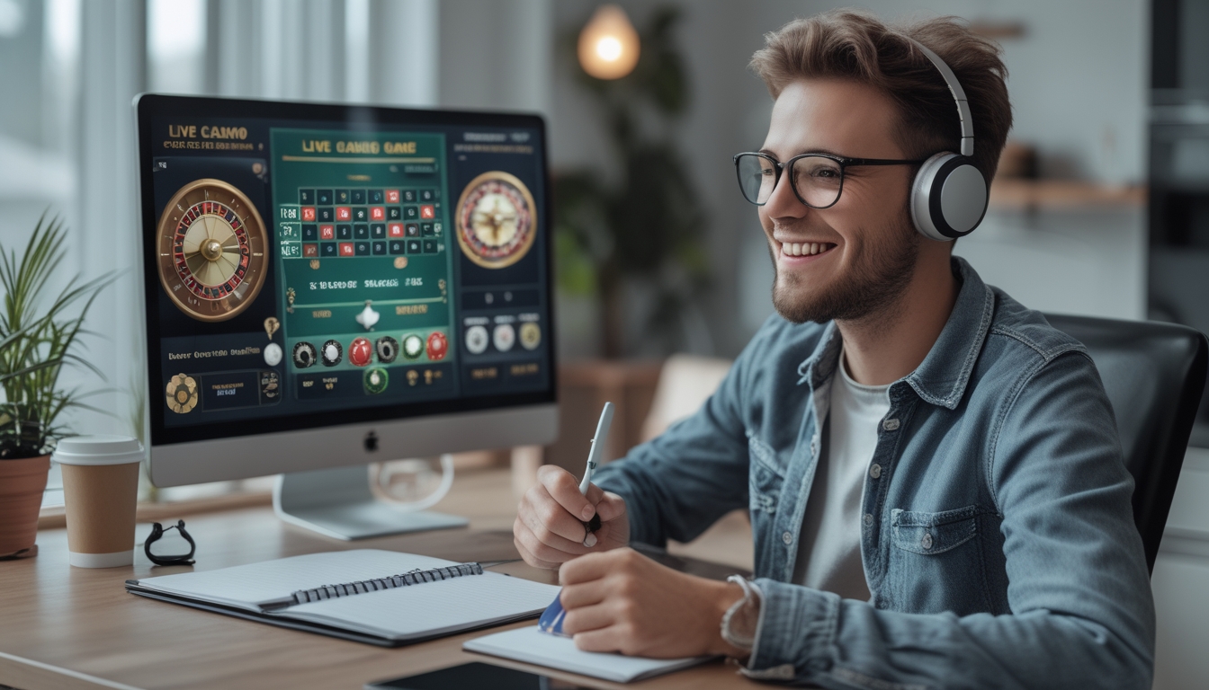 Seorang pemula sedang belajar bermain live casino online di depan laptop di ruang tamu yang nyaman.