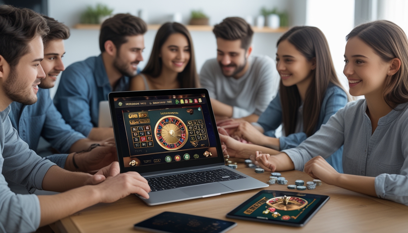 Sekelompok orang muda sedang belajar bermain live casino online di rumah dengan laptop dan tablet di meja.