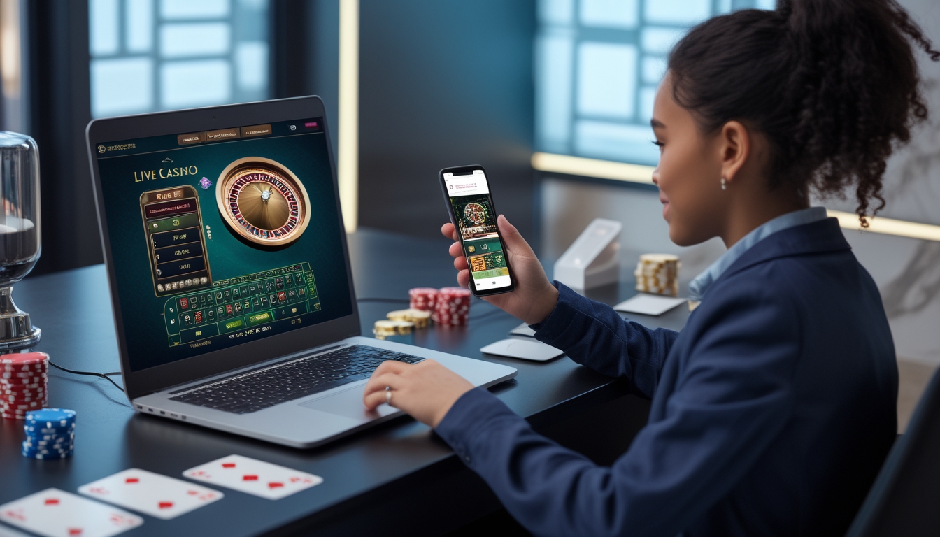 Seorang pemula sedang bermain permainan kasino langsung online menggunakan laptop dan ponsel di meja yang rapi dengan dekorasi bertema kasino di latar belakang.