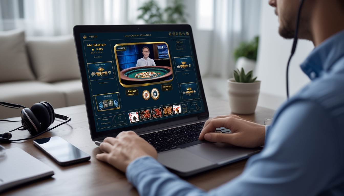 Seorang pemula bermain kasino online langsung di laptop di rumah dengan suasana tenang dan fokus.