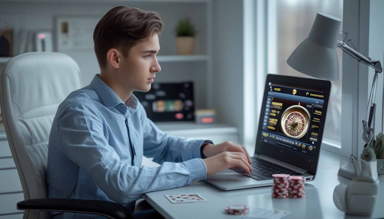 Seorang dewasa muda duduk di meja dengan laptop yang menampilkan permainan kasino langsung, di ruang kerja rumah yang rapi dengan kartu dan chip poker di sekitar.